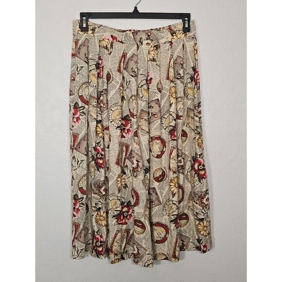 Vintage Kathie Lee Skirt 16W Printed Floral Pleated Newspaper, Elastic Waist - Picture 1 of 6
